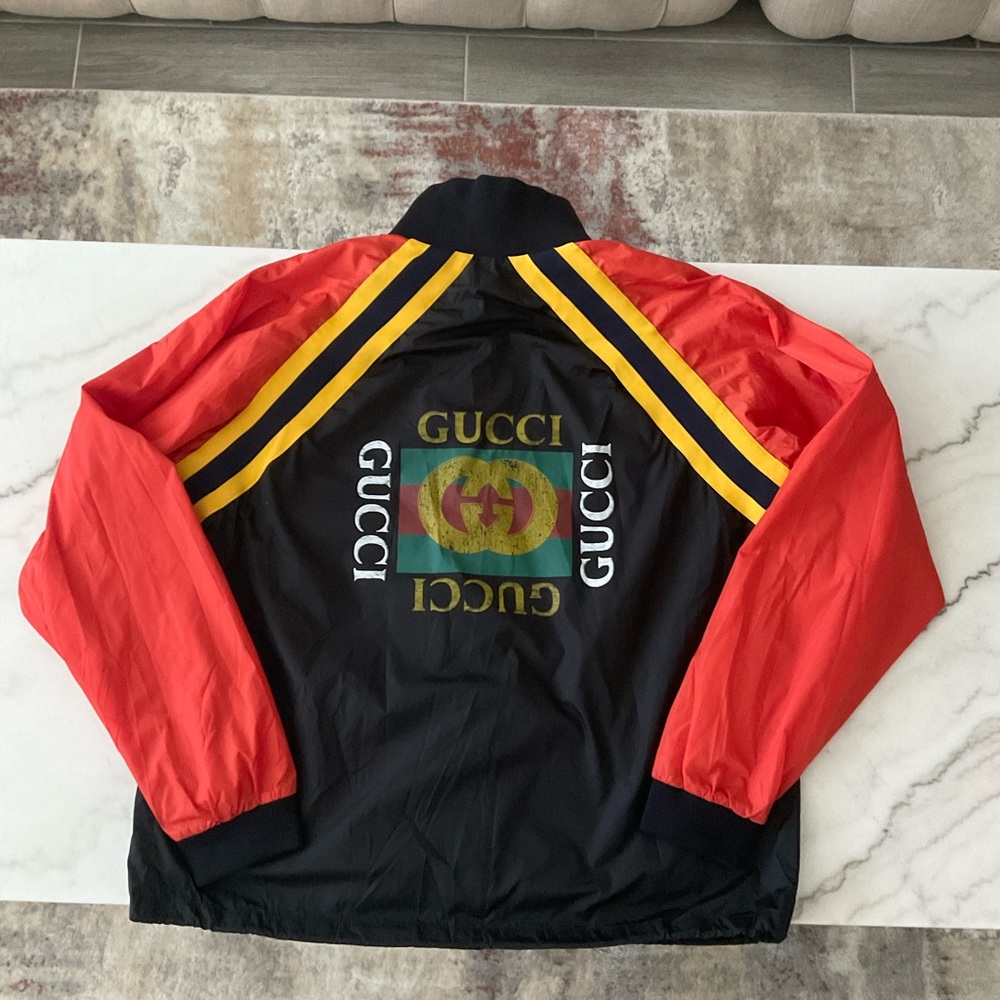 AUTHENTIC GUCCI LOGO PRINTED LIGHT NYLON JACKET BLACK/ORANGE SZ GG 56 XL 500958